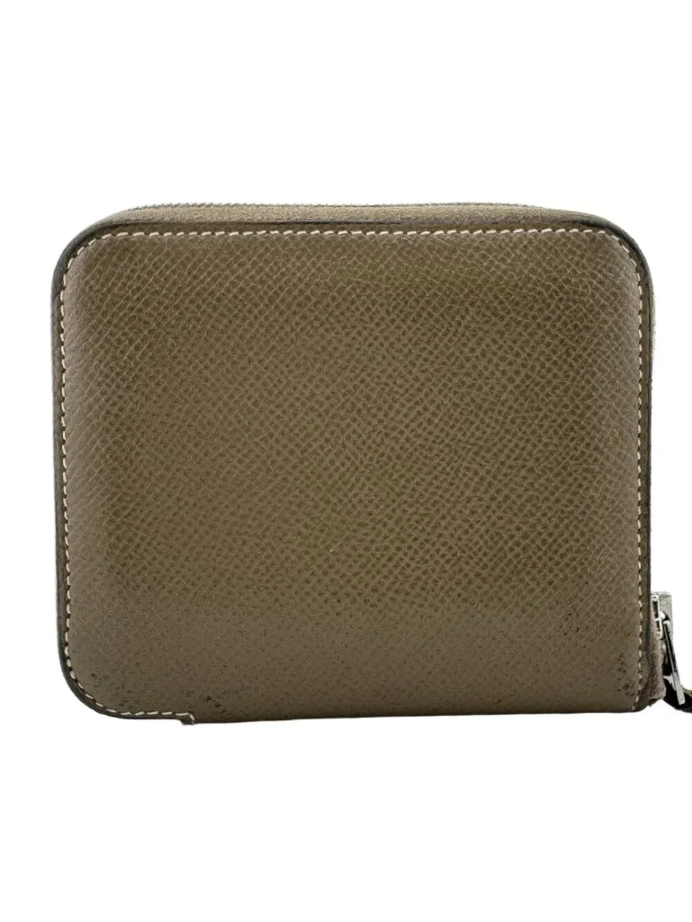 Hermes Azap Compact Silk'in Veau Epsom Etoupe Brown Coin Purse Wallet Silver